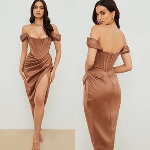 House of CB Loretta Satin Off Shoulder Midi  Dress Women's Brown Size: Small NWT